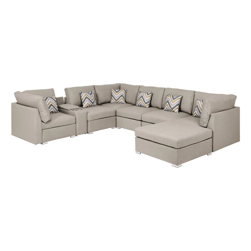 Amira Beige Linen Fabric Reversible Sectional Sofa With USB Storage Console - Image 5