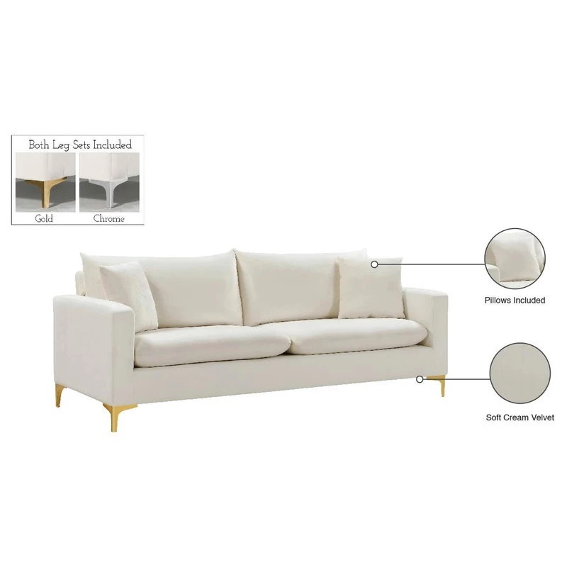 Naomi Velvet Sofa, Gold And Chrome Leg Set, Cream - Image 9