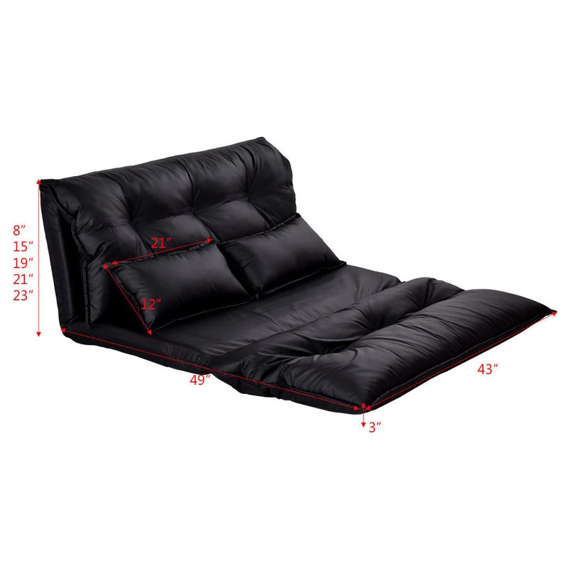 Costway PU Leather Foldable Modern Floor Sofa Bed Video Gaming 2 Pillows Black - Image 4
