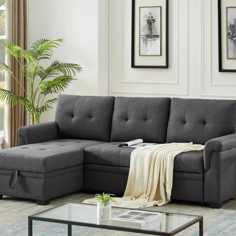 Lucca Linen Reversible Sleeper Sectional Sofa, Steel Gray - Image 3