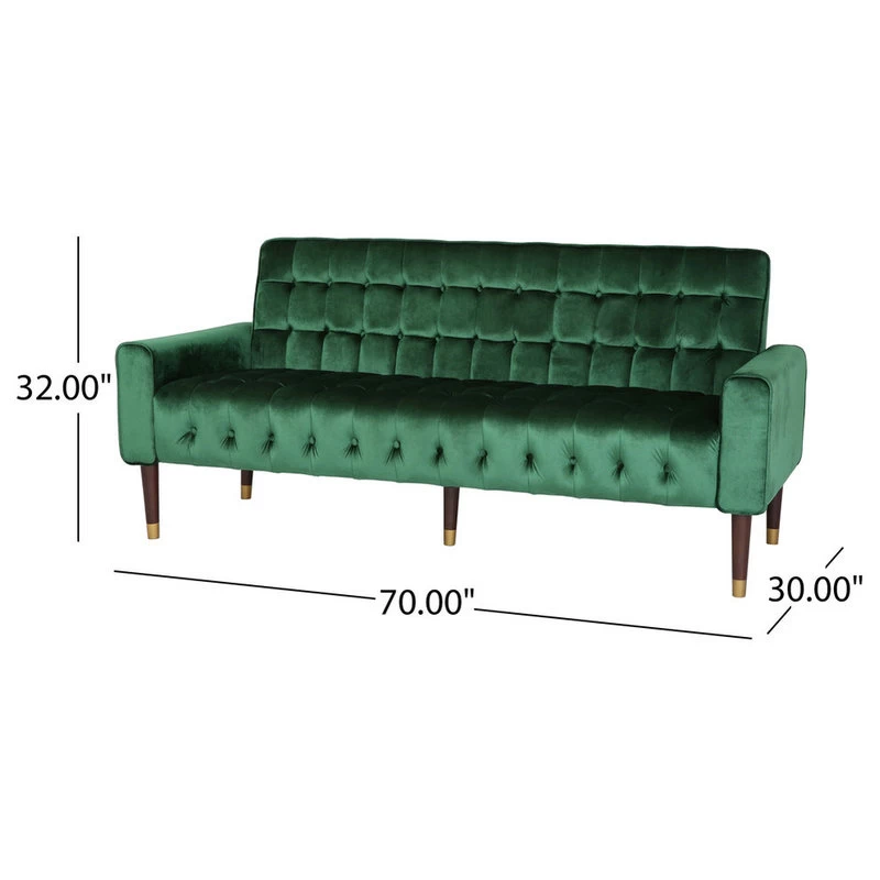 Adan Tufted Velvet Sofa With Gold Tipped Tapered Legs, Emerald, Gold Finish - Image 3