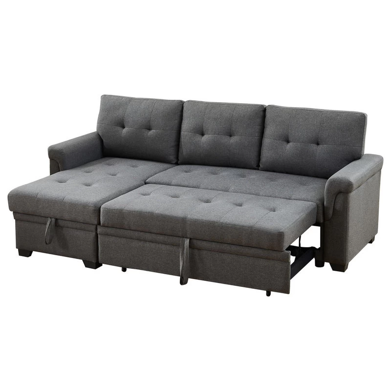 Destiny Linen Reversible Sleeper Sectional Sofa With Storage Chaise, Dark Gray - Image 2