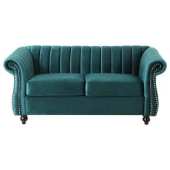 Bauman Modern Glam Channel Stitch Loveseat With Nailhead Trim, Teal + Dark Brown