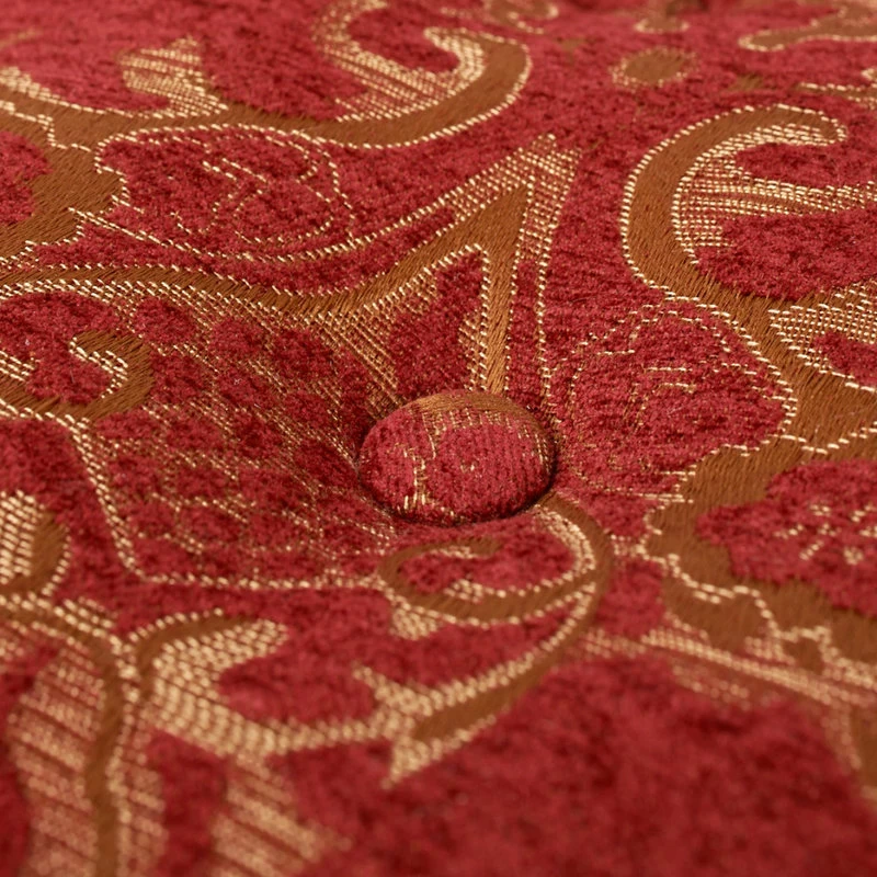 Yolanda Tufted Round Ottoman With Bullion Trim, Red Gold Jacquard - Image 6