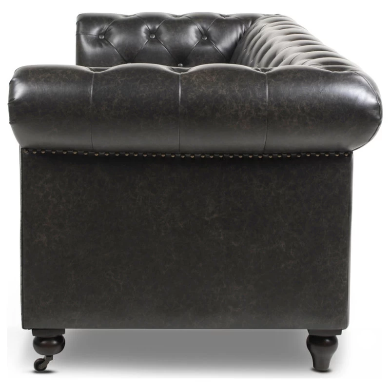 Winston 91" Tufted Chesterfield Sofa, Vintage Black Brown Faux Leather - Image 5
