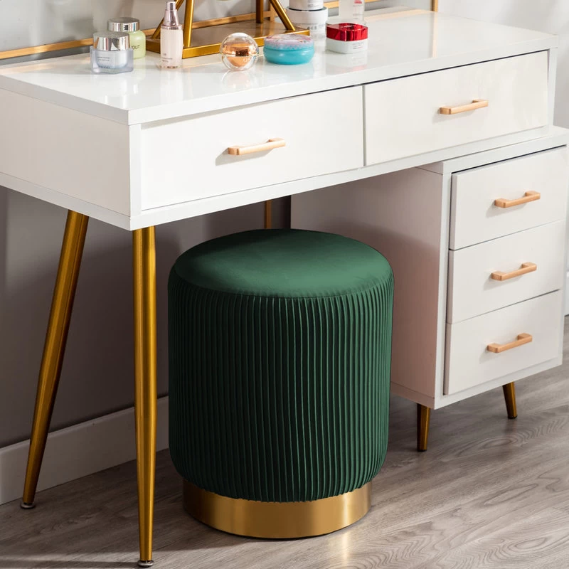 Round Pleated Golden Base Velvet Ottoman, Dark Green - Image 8