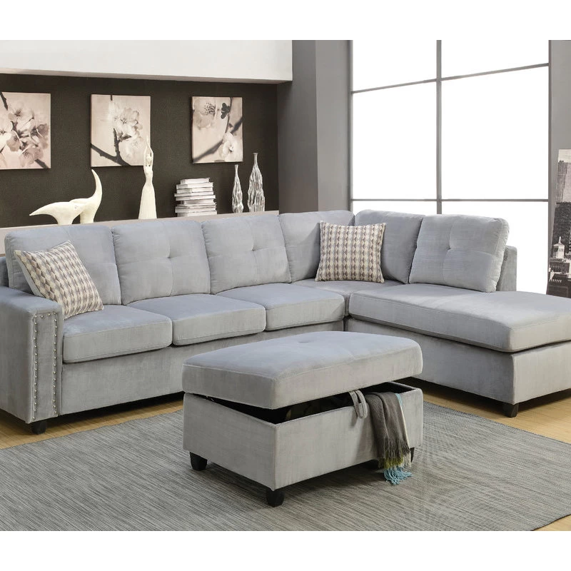 ACME Belville Velvet Sectional With Pillow In Gray - Image 2
