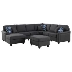 Leo Dark Gray Linen 7-Piece Modular L-Shape Sectional Sofa Chaise And Ottoman