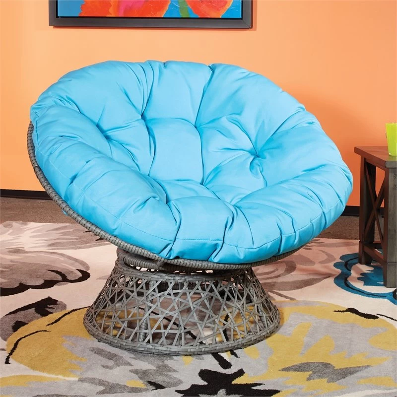Papasan Chair With Blue Cushion And Gray Resin Wicker Frame - Image 2