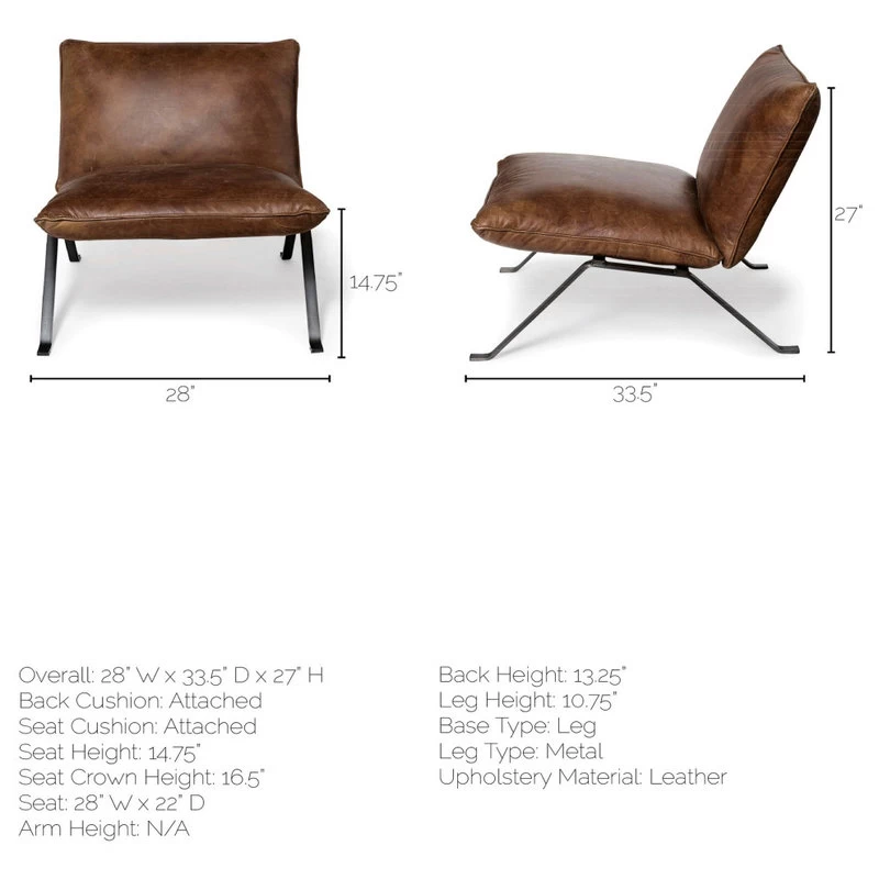 Flavelle II Top-Grain Leather Cushion Seat & Solid Iron Base Accent Chair, Brown - Image 11
