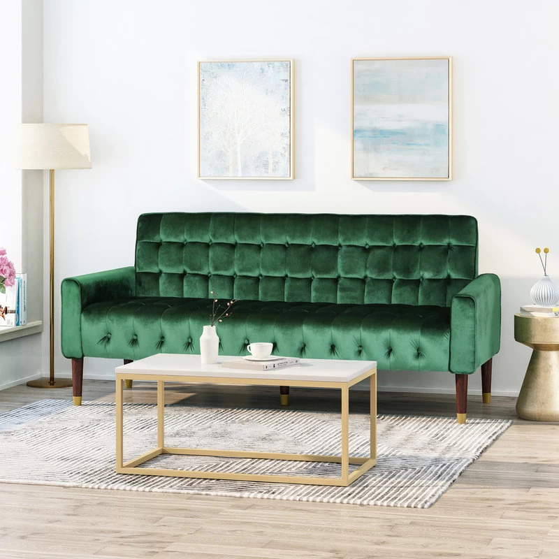 Adan Tufted Velvet Sofa With Gold Tipped Tapered Legs, Emerald, Gold Finish - Image 2