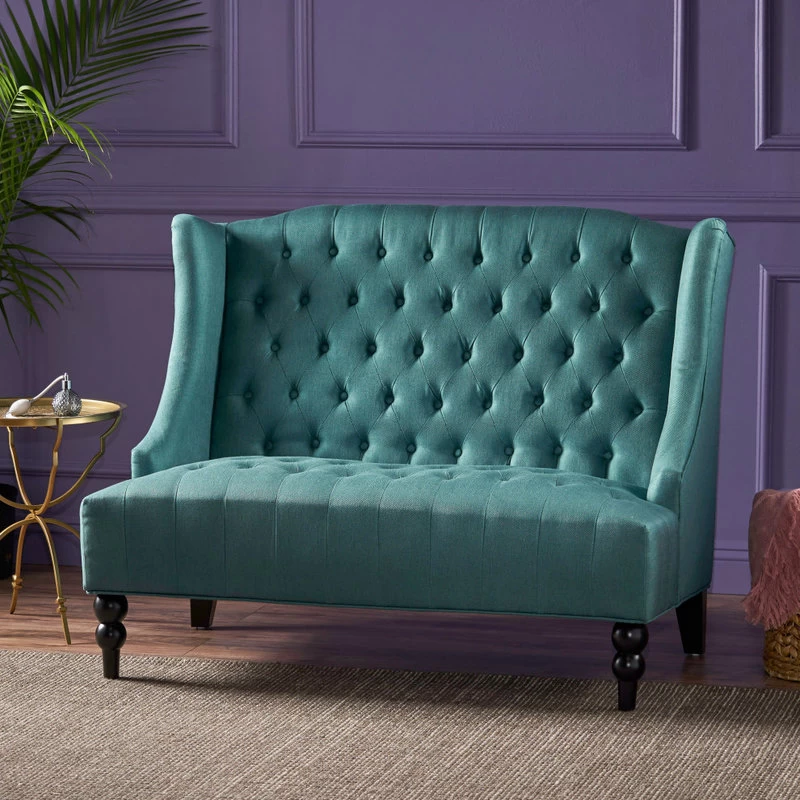 GDF Studio Leona Traditional High Back Tufted Winged Fabric Loveseat, Dark Teal - Image 2