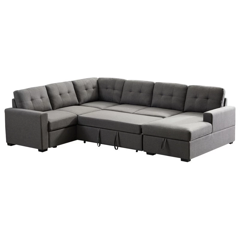 Selene Dark Gray Linen Fabric Sleeper Sectional Sofa With Storage Chaise - Image 5
