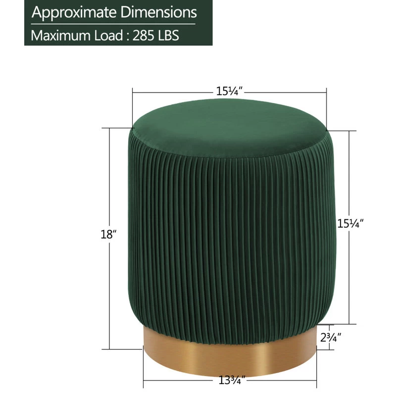 Round Pleated Golden Base Velvet Ottoman, Dark Green - Image 3