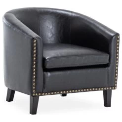 Tub Barrel Accent Chair Faux Leather, Black