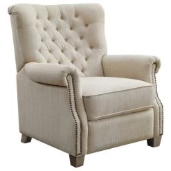Push Back Recliner Chair, Diamond Tufted Back & Rolled Arms, Beige Fabric