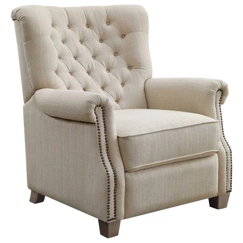 Push Back Recliner Chair, Diamond Tufted Back & Rolled Arms, Beige Fabric
