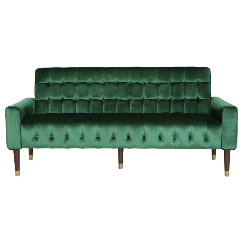 Adan Tufted Velvet Sofa With Gold Tipped Tapered Legs, Emerald, Gold Finish