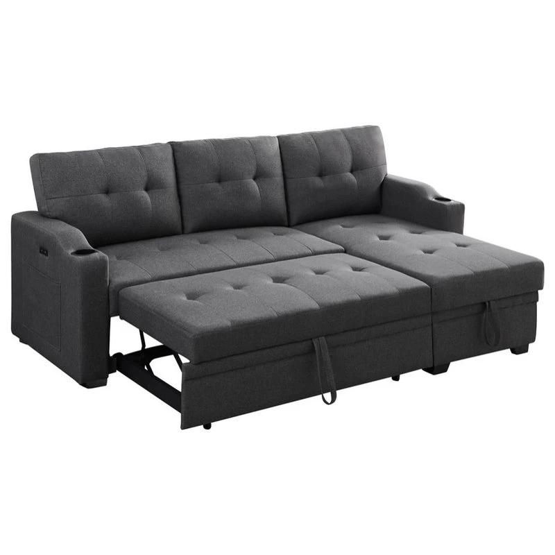 Mabel Fabric Sleeper Sectional With Cupholder, USB And Pocket, Dark Gray, Linen - Image 3