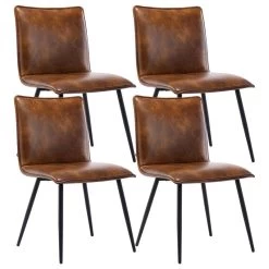 Set Of 4 Minimalist Faux Leather Side Chairs For Dining Room, Yellowish-Brown