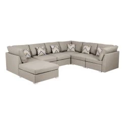 Amira Beige Fabric Reversible Modular Sectional Sofa With Ottoman And Pillows