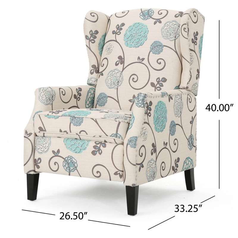 Corbin Fabric Recliner, Set Of 2, White With Blue Floral And Dark Brown - Image 7