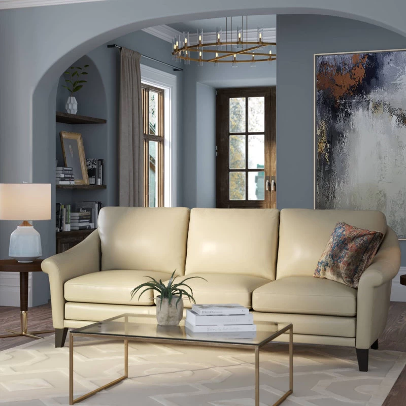 Sienna Genuine Leather Midcentury Modern Sofa, Beige - Image 2