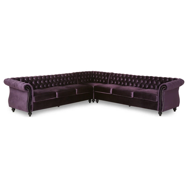 Annabelle 7 Seater Velvet Tufted Chesterfield Sectional, Blackberry, Dark Brown