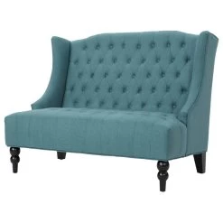 GDF Studio Leona Traditional High Back Tufted Winged Fabric Loveseat, Dark Teal