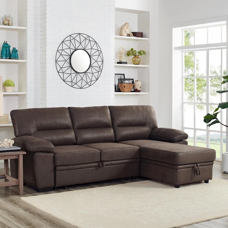 Kipling Microfiber Reversible Sleeper Sectional Sofa, Saddle Brown - Image 3