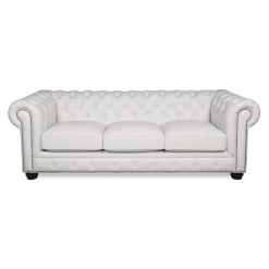 Bowery Hill Traditional Leather Chesterfield Sofa In White Finish
