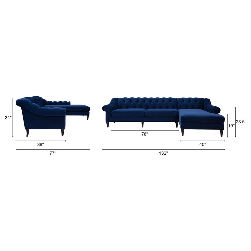 Alexandra 132" Chesterfield Tufted Sectional, Right Facing, Navy Blue - Image 4