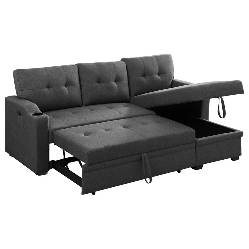 Mabel Fabric Sleeper Sectional With Cupholder, USB And Pocket, Dark Gray, Linen - Image 4