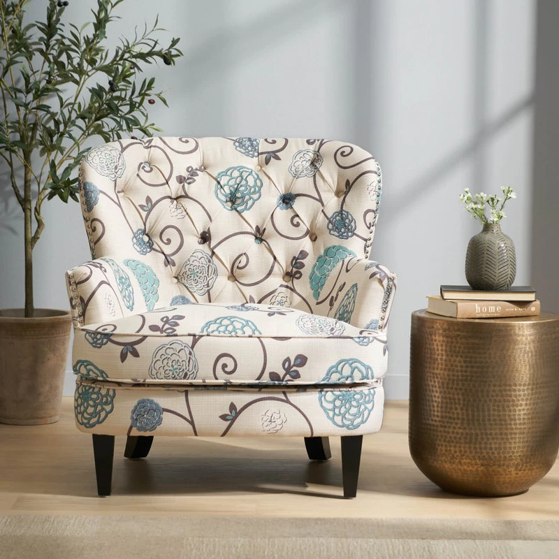 GDF Studio Alfred White And Blue Floral Fabric Club Chair With Chrome Nailheads - Image 2