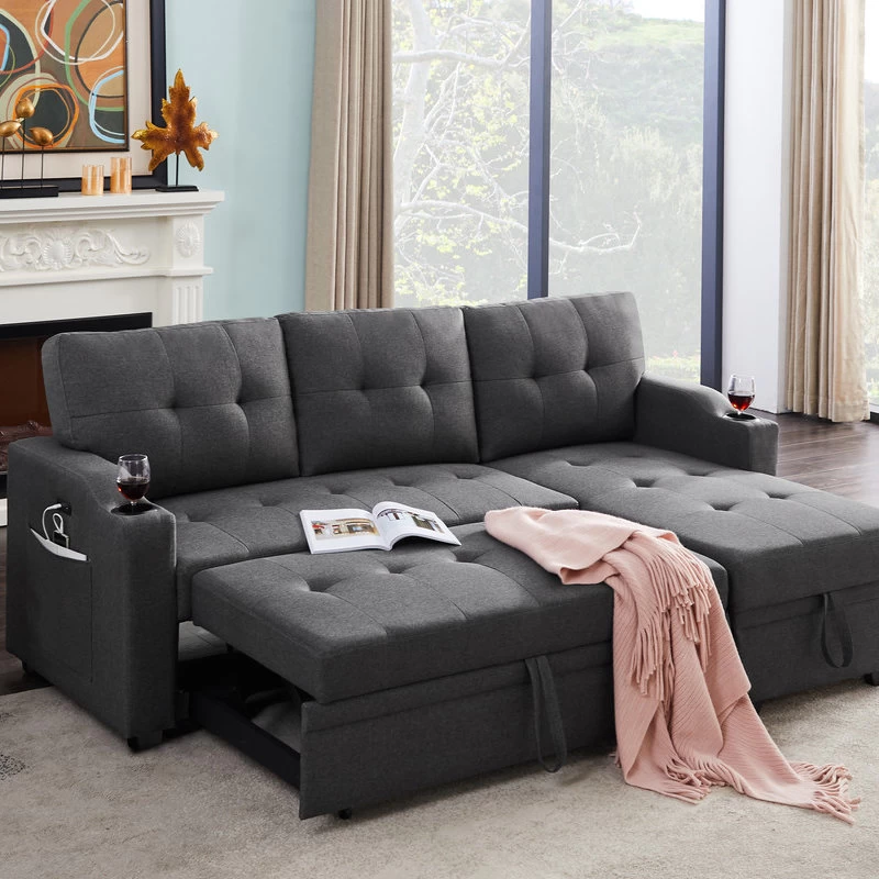 Mabel Fabric Sleeper Sectional With Cupholder, USB And Pocket, Dark Gray, Linen - Image 5