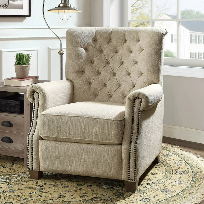 Push Back Recliner Chair, Diamond Tufted Back & Rolled Arms, Beige Fabric - Image 2