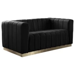 Marlon Velvet Loveseat With Brushed Gold Stainless Steel Base, Black