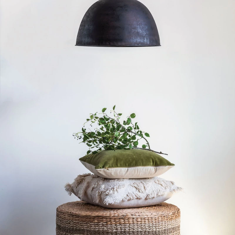 Brown Striped Round Water Hyacinth And Seagrass Ottoman/Table - Image 3