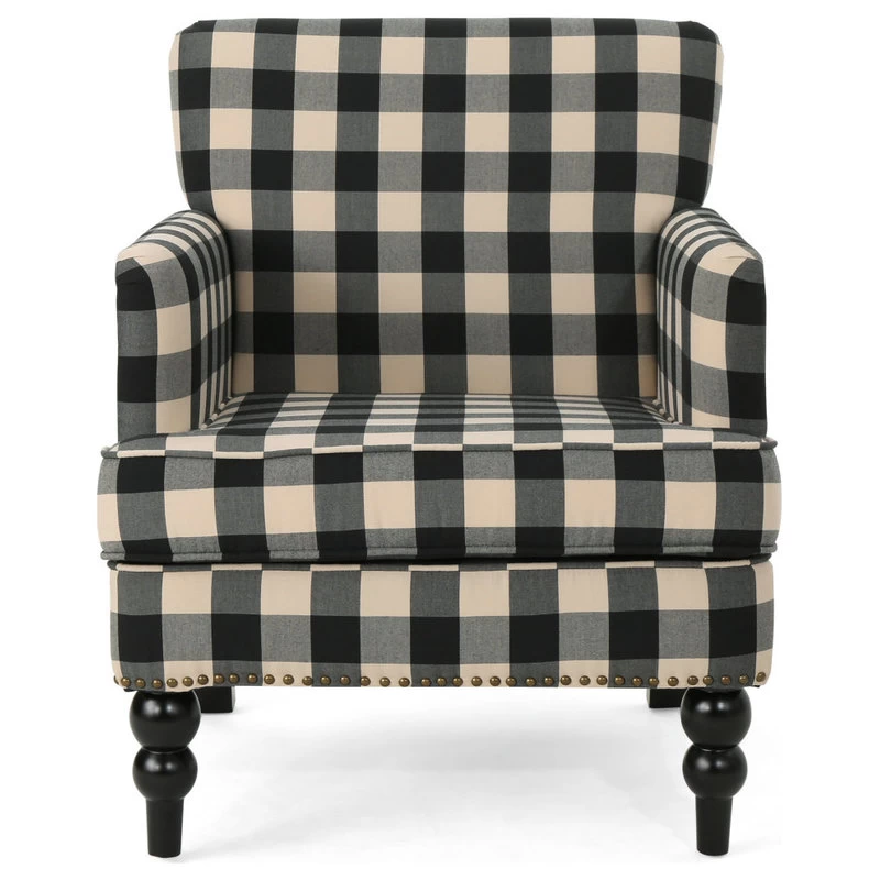 GDF Studio Eve Tufted Fabric Club Chair, Black Checkerboard/Dark Brown - Image 4