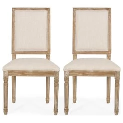 Amy French Country Wood Upholstered Dining Chair, Set Of 2, Beige/Natural