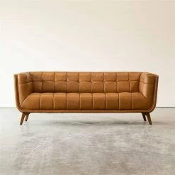 Allen Mid Century Modern Tufted Genuine Leather Sofa In Cognac Tan
