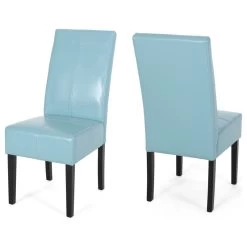 GDF Studio Emilia T-stitch Bonded Leather Dining Chair, Set Of 2, Teal, Faux Lea