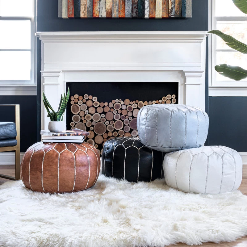 NuLOOM Leather Jerrie Contemporary Ottoman, Black - Image 5