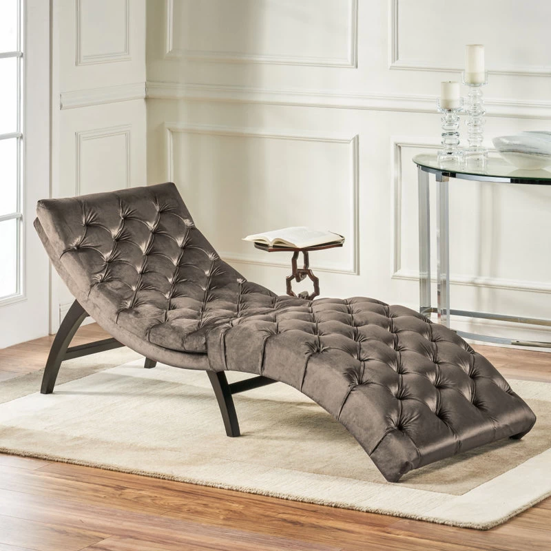 GDF Studio Garamond Tufted New Velvet Chaise Lounge, Gray - Image 2