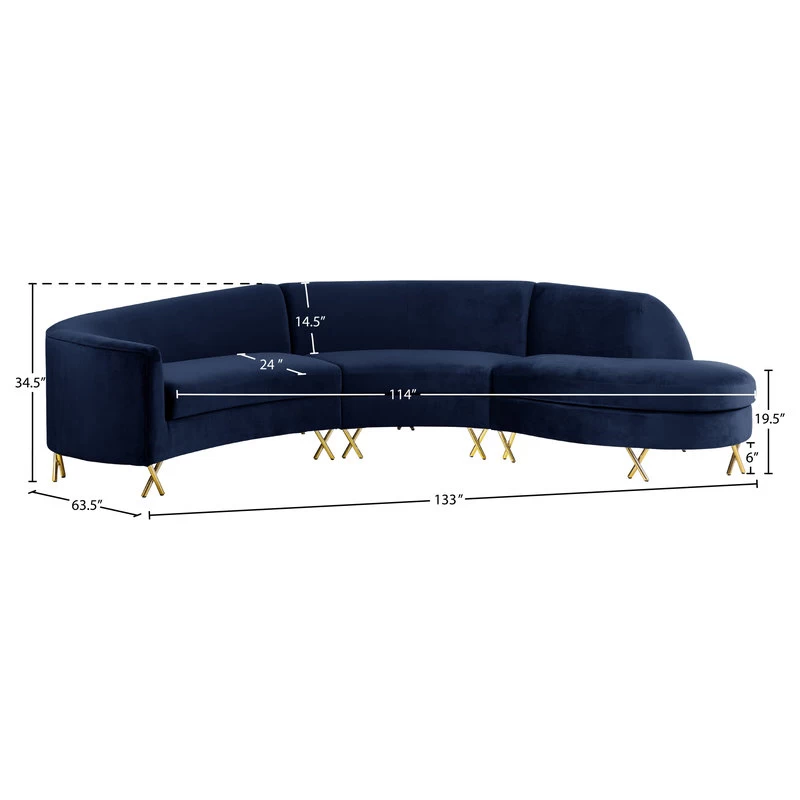 Serpentine Velvet 3-Piece Sectional, Navy - Image 7