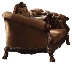 Acme Loveseat With 5 Pillow In Golden Brown Velvet And Cherry Oak 52096