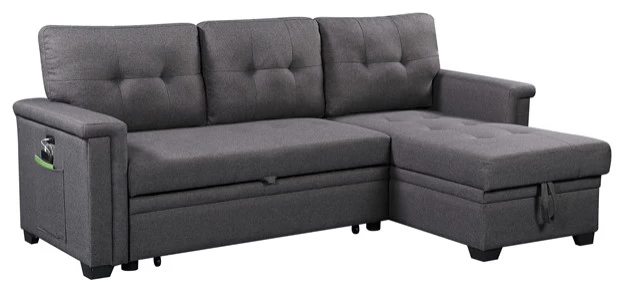 Bowery Hill Fabric Gray Reversible Sleeper Sofa Storage Chaise With USB Ports